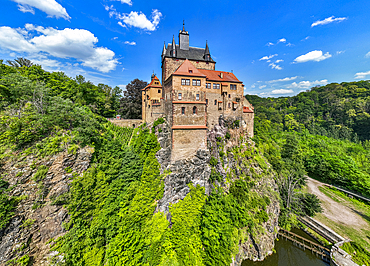 Aerial of Kriebstein Castle, on the Zschopau River, Kriebstein, Saxony, Germany, Europe