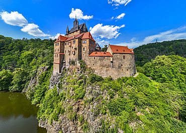 Aerial of Kriebstein Castle, on the Zschopau River, Kriebstein, Saxony, Germany, Europe