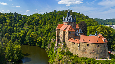 Aerial of Kriebstein Castle, on the Zschopau River, Kriebstein, Saxony, Germany, Europe