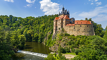 Aerial of Kriebstein Castle, on the Zschopau River, Kriebstein, Saxony, Germany, Europe