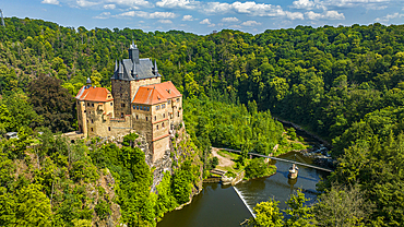 Aerial of Kriebstein Castle, on the Zschopau River, Kriebstein, Saxony, Germany, Europe