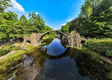 Aerial of the Rakotzbrucke (Devil´s Bridge), Kromlau Azalea and Rhododendron Park, Gablenz, Saxony, Germany, Europe