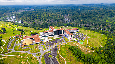 Aerial of the 5 star Djibloho Hotel in the jungle, Ciudad de la Paz, Rio Muni, Equatorial Guinea, Africa