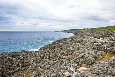 Rocky coral coast on the elevated coast of Minami Daito, Daito Islands, Japan, Asia