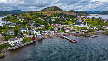 Aerial of the historic town of Trinity, Bonavista Peninsula, Newfoundland, Canada, North America