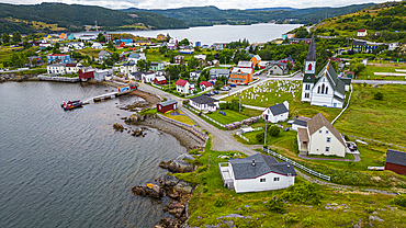 Aerial of the historic town of Trinity, Bonavista Peninsula, Newfoundland, Canada, North America