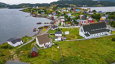 Aerial of the historic town of Trinity, Bonavista Peninsula, Newfoundland, Canada, North America