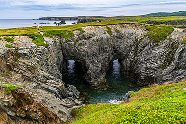 Double arch, Dungeon Provincial Park, Bonavista Peninsula, Newfoundland, Canada, North America