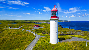 Aerial of Cape Race Lighthouse, Mistaken Point, UNESCO World Heritage Site, Avalon Peninsula, Newfoundland, Canada, North America