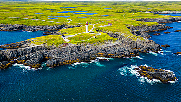 Aerial of Cape Race Lighthouse, Mistaken Point, UNESCO World Heritage Site, Avalon Peninsula, Newfoundland, Canada, North America