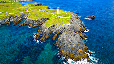 Aerial of Cape Race Lighthouse, Mistaken Point, UNESCO World Heritage Site, Avalon Peninsula, Newfoundland, Canada, North America