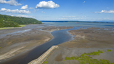 Aerial of the Gouffre River flowing in the St. Lawrence River, Quebec, Canada, North America