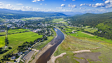 Aerial of the Gouffre River flowing in the St. Lawrence River, Quebec, Canada, North America