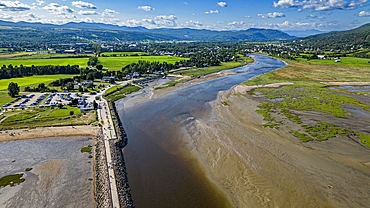 Aerial of the Gouffre River flowing in the St. Lawrence River, Quebec, Canada, North America