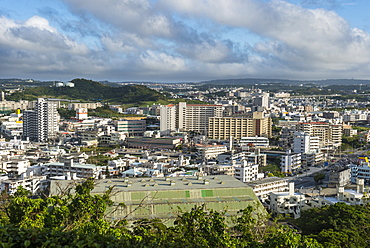 View over Naha from the Shikinaen Garden (Shikina-en Garden), UNESCO World Heritage Site, Naha, Okinawa, Japan, Asia