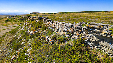 Aerial of the Head Smashed in Buffalo Jump, UNESCO World Heritage Site, Alberta, Canada, North America