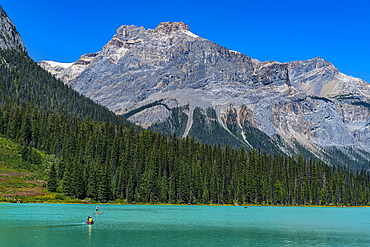 Canoe on Emerald lake, Yoho National Park, UNESCO World Heritage Site, British Columbia, Canada, North America