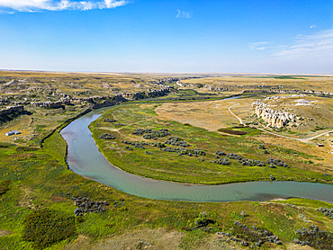 Aerials of Hoodoos along the Milk River, Writing-on-Stone Provincial Park, UNESCO World Heritage Site, Alberta, Canada, North America