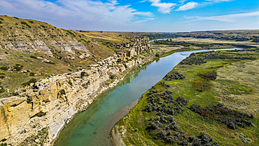 Aerials of Hoodoos along the Milk River, Writing-on-Stone Provincial Park, UNESCO World Heritage Site, Alberta, Canada, North America