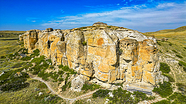 Aerials of Hoodoos along the Milk River, Writing-on-Stone Provincial Park, UNESCO World Heritage Site, Alberta, Canada, North America