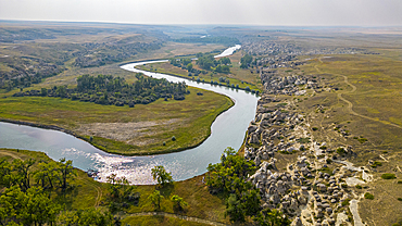 Aerials of Hoodoos along the Milk River, Writing-on-Stone Provincial Park, UNESCO World Heritage Site, Alberta, Canada, North America