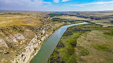 Aerials of Hoodoos along the Milk River, Writing-on-Stone Provincial Park, UNESCO World Heritage Site, Alberta, Canada, North America