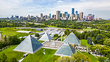 Aerial of the Muttart Conservatory with the skyline of Edmonton, Alberta, Canada, North America