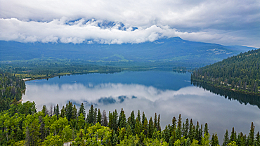 Aerial of Pyramid Lake, Jasper National Park, UNESCO World Heritage Site, Alberta, Canadian Rockies, Canada, North America