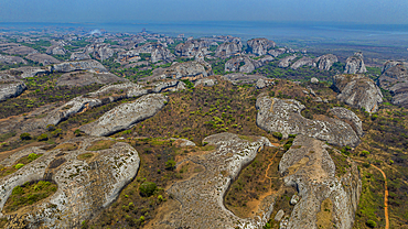 Aerial of black rocks of Pungo Andongo, Malanje, Angola, Africa