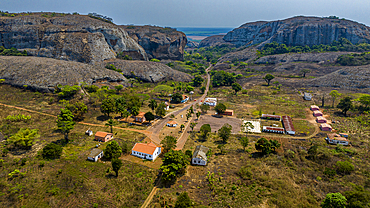 Aerial of black rocks of Pungo Andongo, Malanje, Angola, Africa