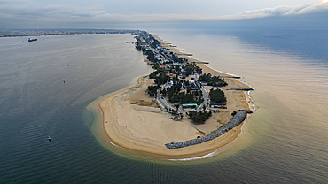 Aerial of the long sandy peninsula, Lobito, Angola, Africa