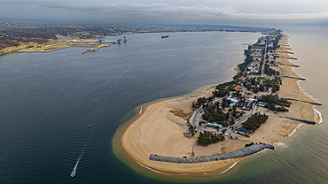 Aerial of the long sandy peninsula, Lobito, Angola, Africa