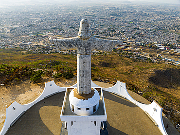 Aerial of the Christ the King Statue, overlooking Lubango, Angola, Africa