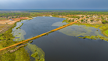 Aerial of the Mundolola lagoon, Moxico, Angola, Africa