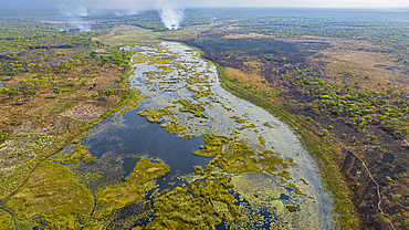 Aerial of the Mundolola lagoon, Moxico, Angola, Africa