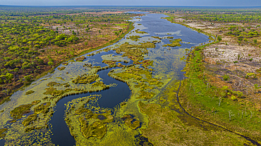 Aerial of the Mundolola lagoon, Moxico, Angola, Africa