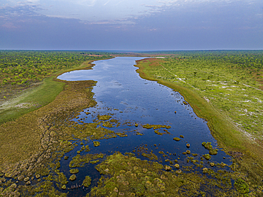 Aerial of the Sacasanje lagoon, Moxico, Angola, Africa