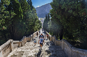 Walkway up stone steps to the Calvary Chapel, Pollenca, Mallorca, Balearic islands, Spain, Mediterranean, Europe