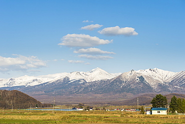 Farmland below the mountains of the Daisetsuzan National Park, UNESCO World Heritage Site, Furano, Hokkaido, Japan, Asia