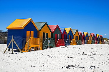 Colourful beach huts on the beach of Muizenberg, Cape Town, South Africa, Africa