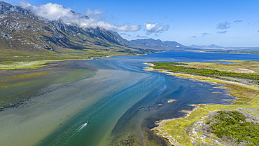 Aerial of the Klein River Lagoon, Hermanus, Western Cape Province, South Africa, Africa