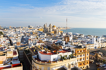 View of the Santa Cruz Cathedral and ocean seen from the Tavira Tower, Cadiz, Andalusia, Spain, Europe