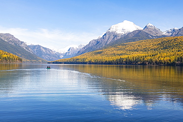 Autumn colours at Bowman Lake, Glacier National Park, Montana, United States of America, North America