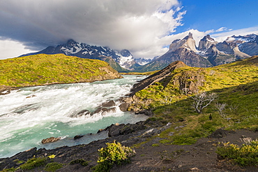 Waterfall at Lake Pehoe, Torres Del Paine National Park, Patagonia, Chile, South America