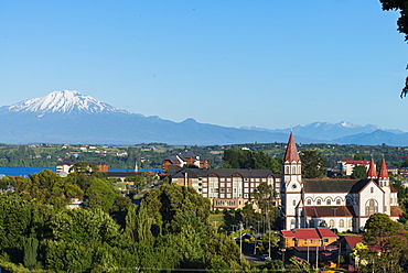 View over the church to lake Llanquihue and Volcan Osorno, Puerto Varas, Chilean Lake District, Los Lagos, Chile, South America