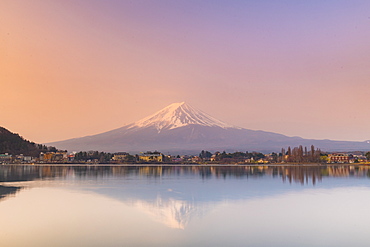 Sunrise over Mount Fuji, UNESCO World Heritage Site, reflected in Lake Kawaguchi, Japan, Asia