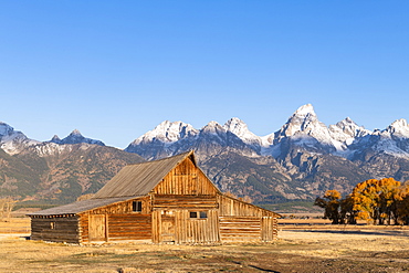 Mormon Row and Teton Range, Grand Teton National Park, Wyoming, United States of America, North America