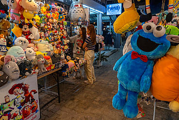 Customers buying soft toys at a night market in Bangkok, Thailand