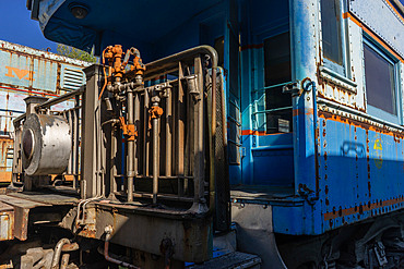 Old railway museum depot in Puebla,Mexico, with vintage machines on display