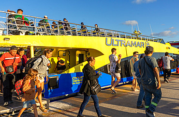 Mexican and foreign tourists in ferry to Caribbean beaches of Isla Mujeres near Cancun, Quintana Roo state,Mexico